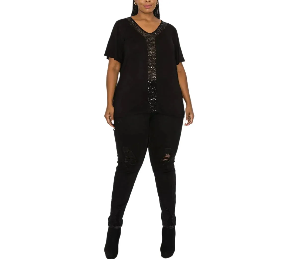 Sequin Inset Short Sleeve Curve