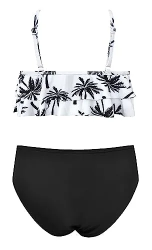 Shekini Girls' Floral Ruffle Two Piece Swimsuit Coconut Black Medium