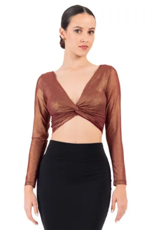 Shiny Bronze Twisted Knot V-neck Crop Top