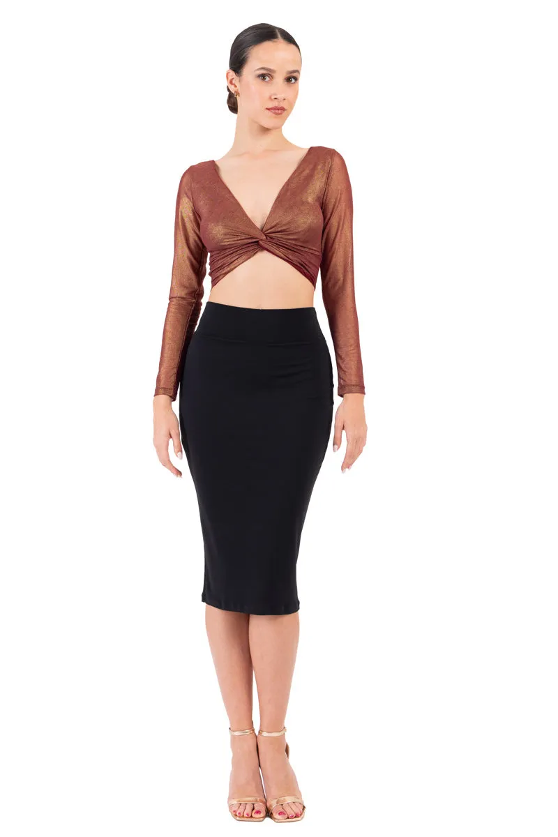 Shiny Bronze Twisted Knot V-neck Crop Top