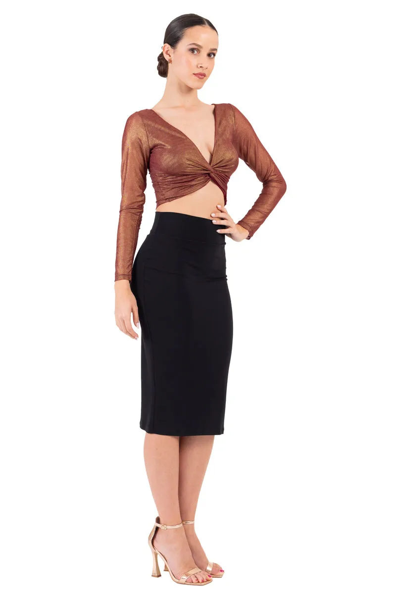 Shiny Bronze Twisted Knot V-neck Crop Top
