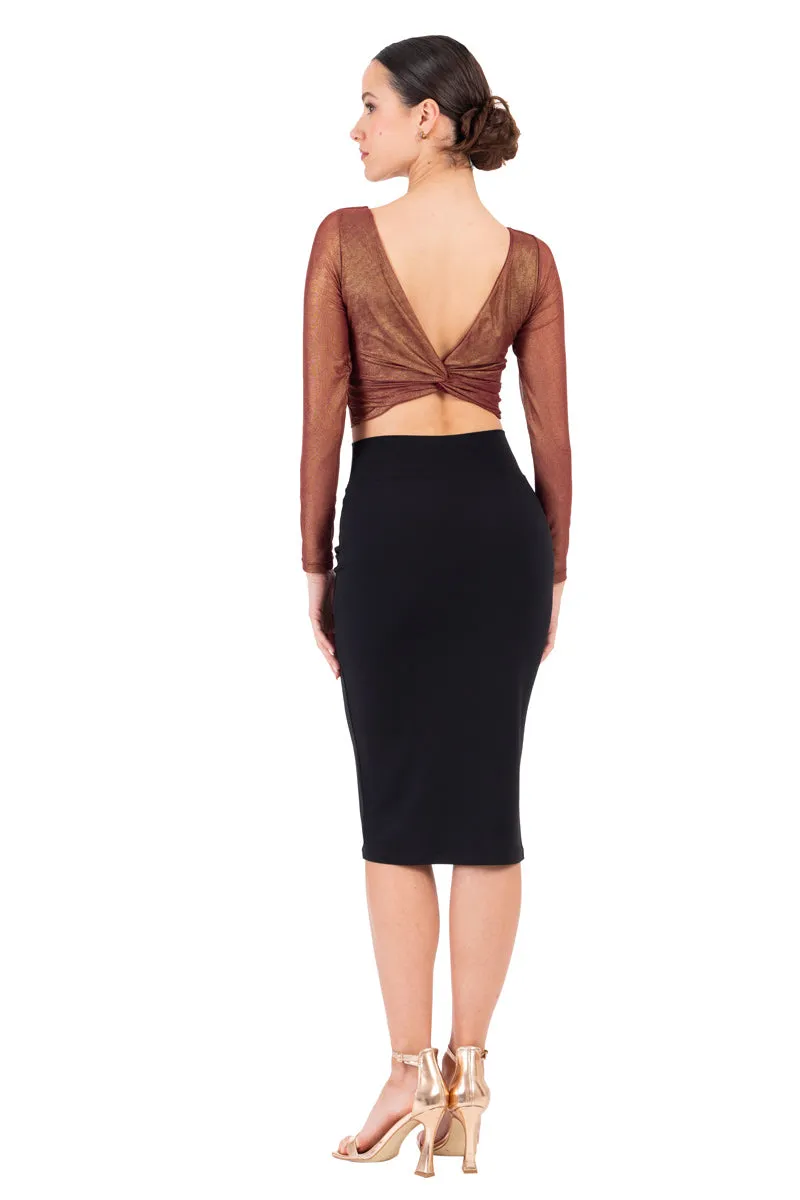 Shiny Bronze Twisted Knot V-neck Crop Top