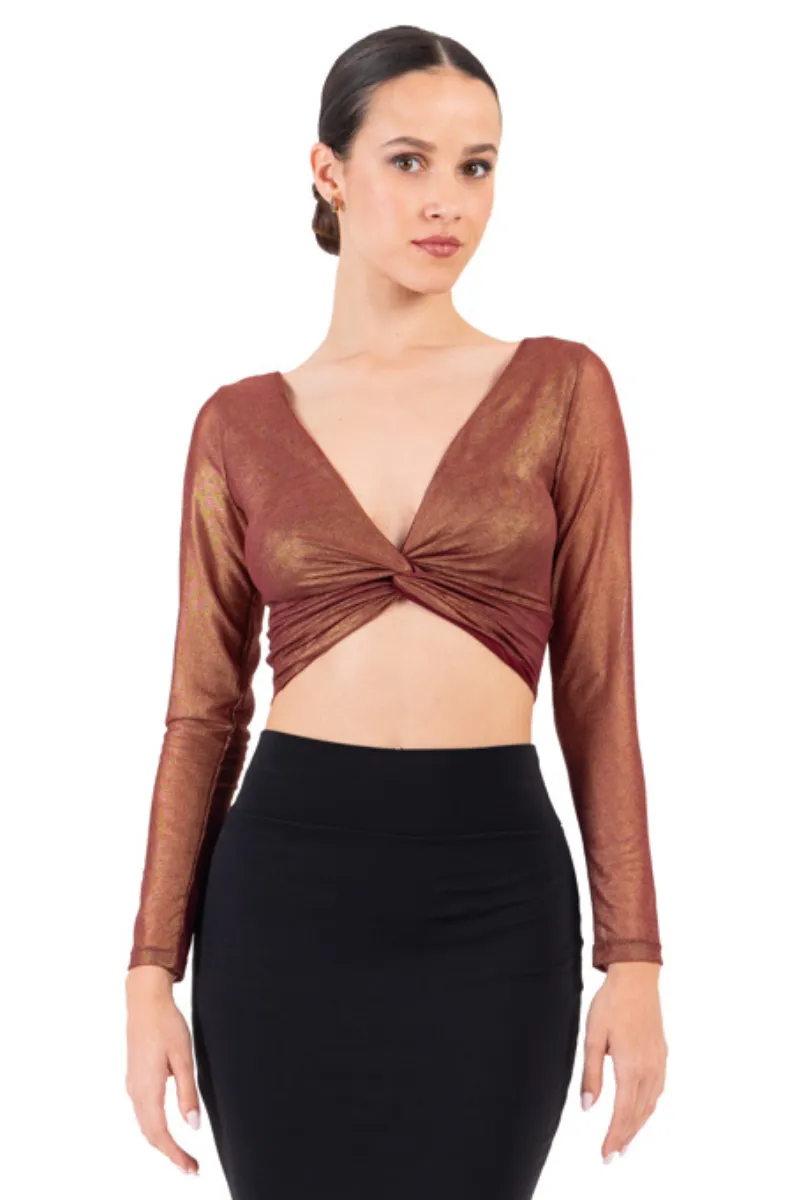Shiny Bronze Twisted Knot V-neck Crop Top