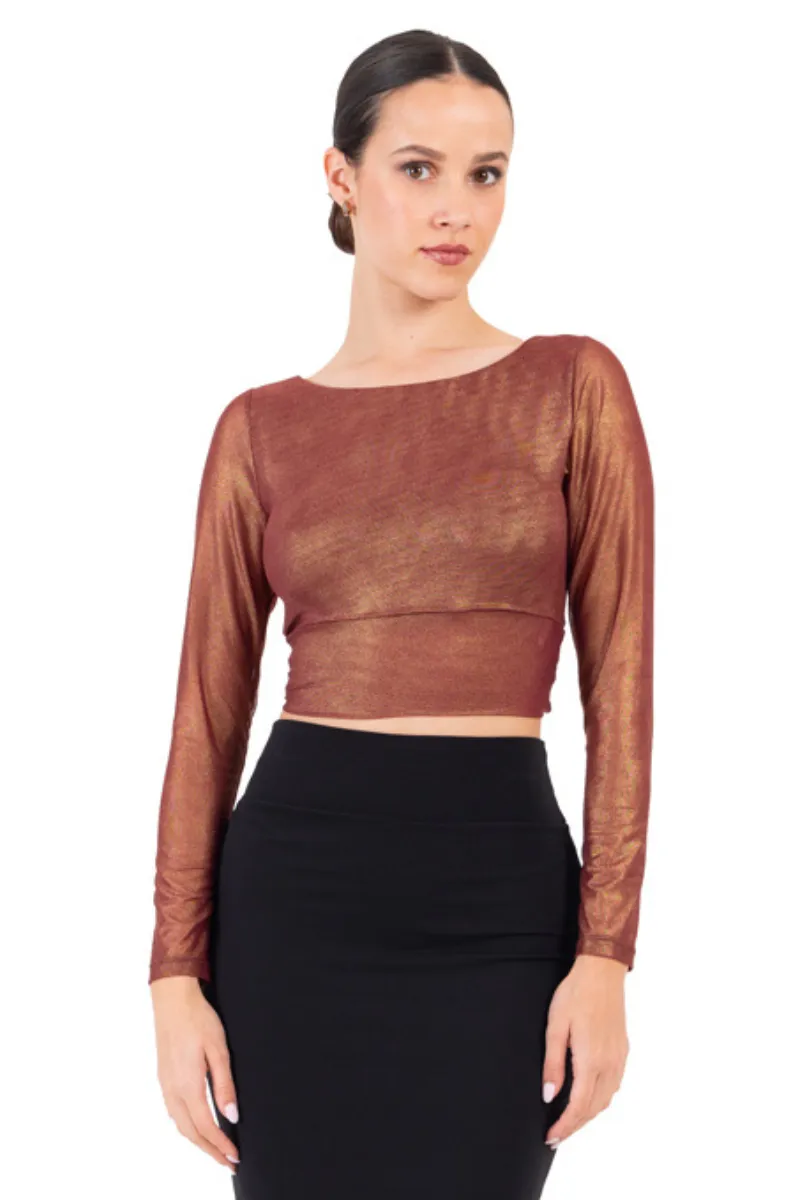 Shiny Bronze Twisted Knot V-neck Crop Top