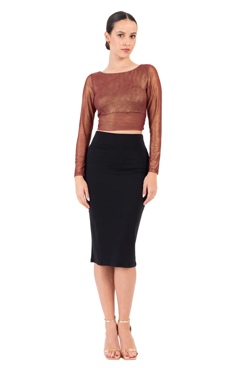 Shiny Bronze Twisted Knot V-neck Crop Top