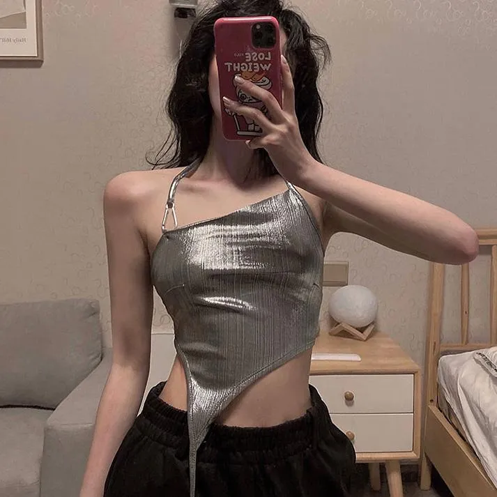 Silver Disco Aesthetic Halter Cropped Top