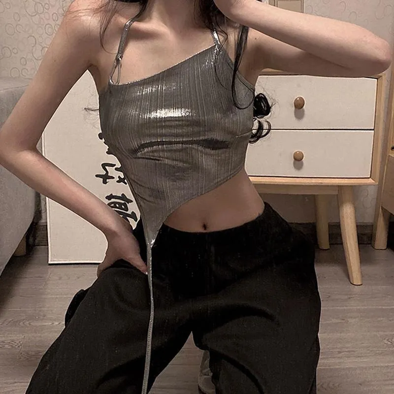 Silver Disco Aesthetic Halter Cropped Top