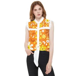Sleeveless Orange Floral Top, Orange Ruffle Top, Orange Chiffon Top, 60s inspired top, Vintage Style Top