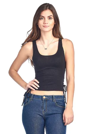 Sleeveless Ribbed Stretch Scoop Neck Side Lace Up Crop Tank Top