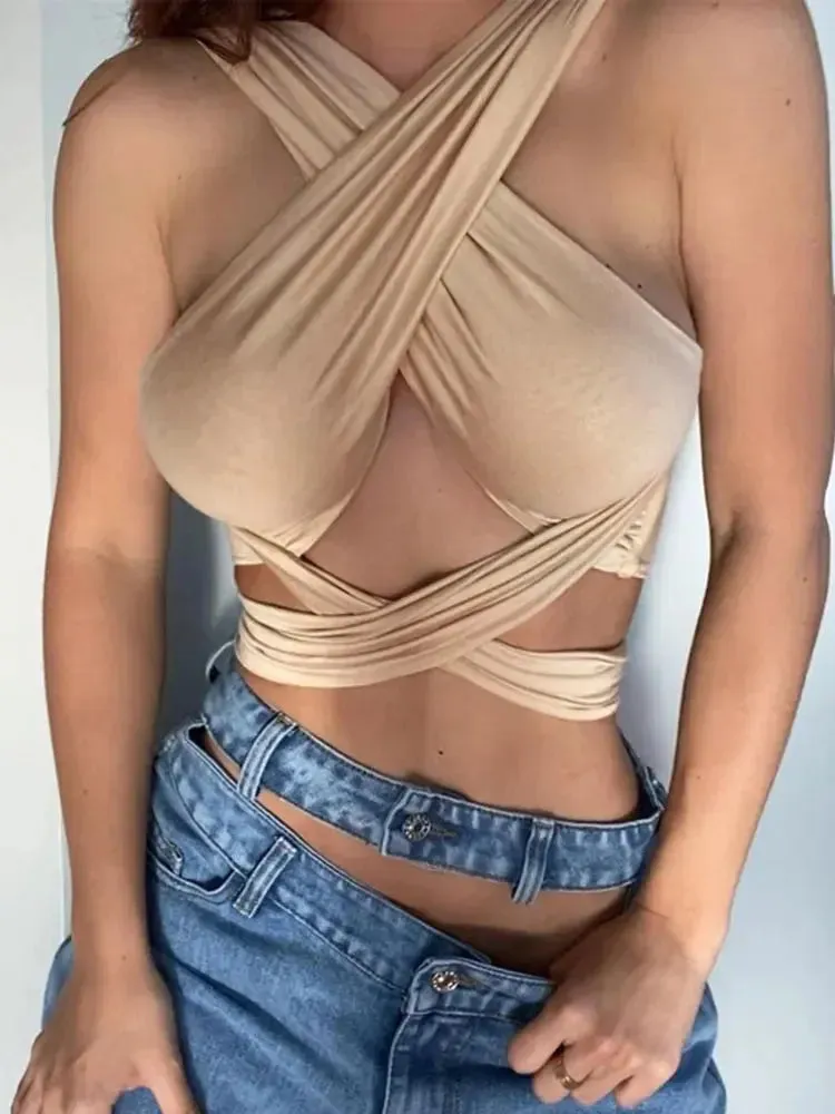 Sleeveless Strappy Halter Crop Top
