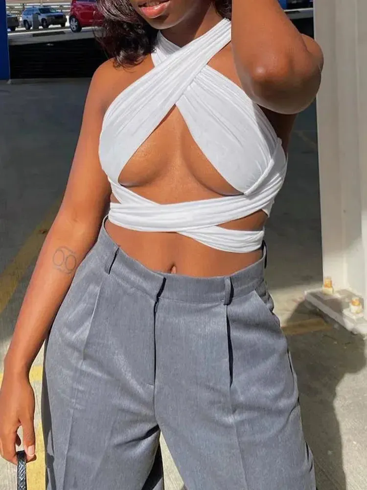 Sleeveless Strappy Halter Crop Top