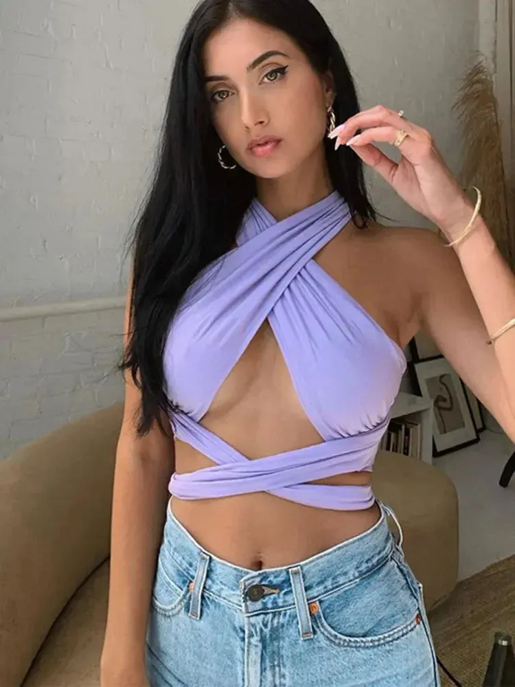 Sleeveless Strappy Halter Crop Top