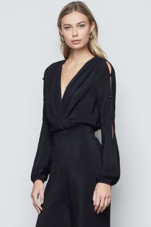 SMOCKED WAIST WRAP TOP | BLACK001