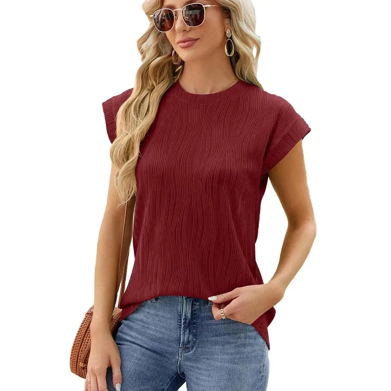 Solid Color Wave Pattern Bat Short sleeve T-shirt Top Summer Loose Vest Casual Cotton Tank Women