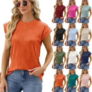Solid Color Wave Pattern Bat Short sleeve T-shirt Top Summer Loose Vest Casual Cotton Tank Women
