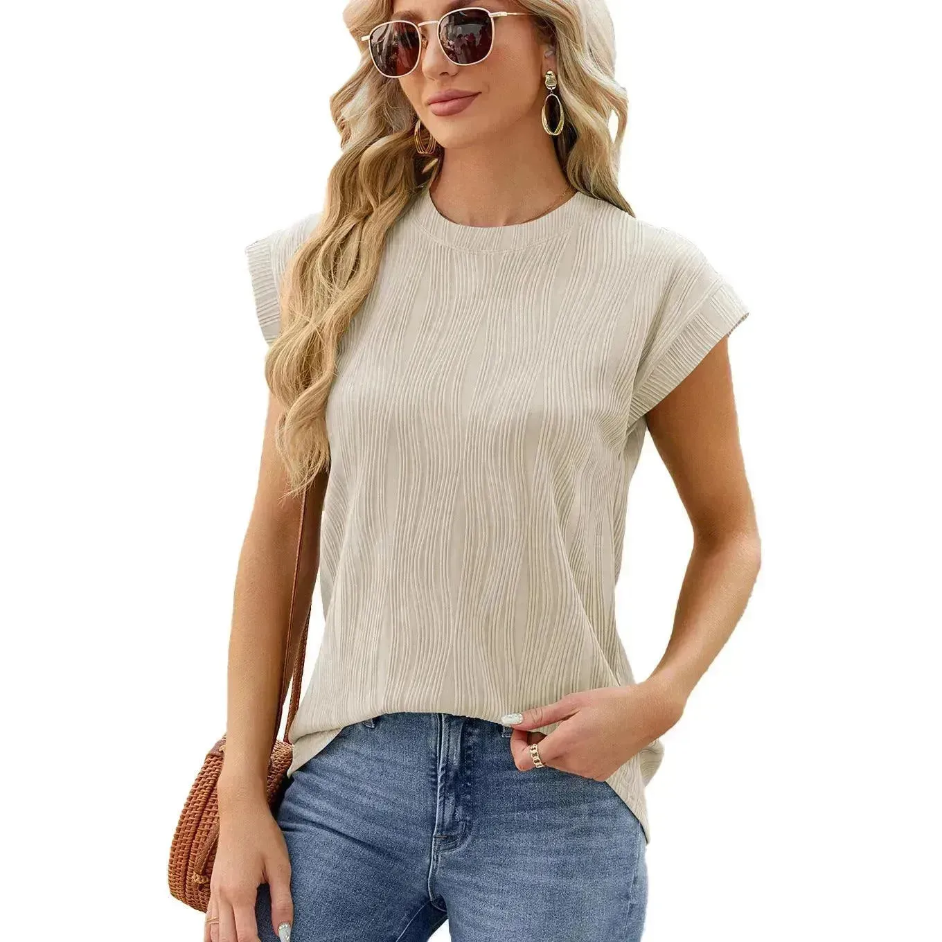 Solid Color Wave Pattern Bat Short sleeve T-shirt Top Summer Loose Vest Casual Cotton Tank Women