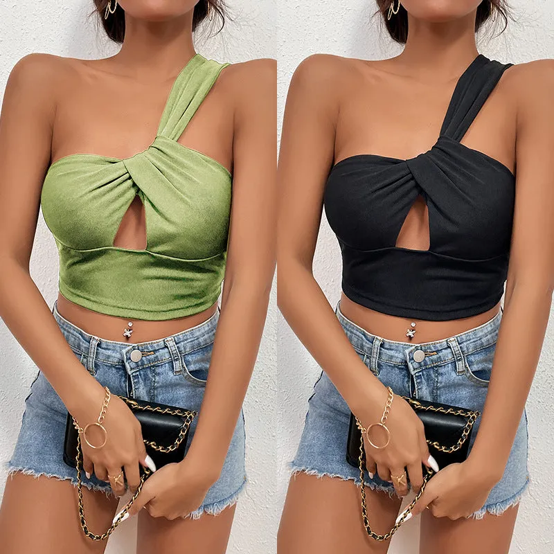 Solid Spliced Sexy Backless One Shoulder Criss Cross Crop Tank Top