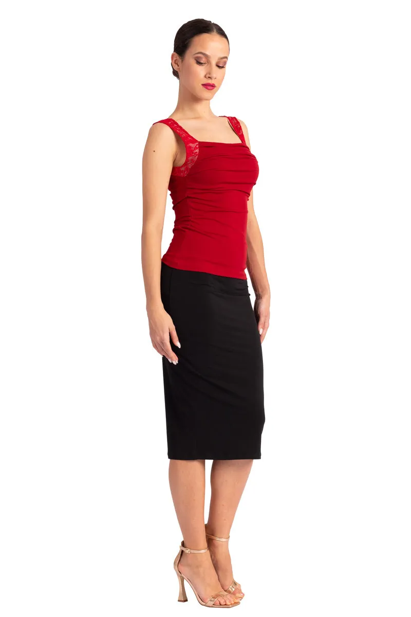 Square Neckline Top With Bust Gatherings And Lace Straps
