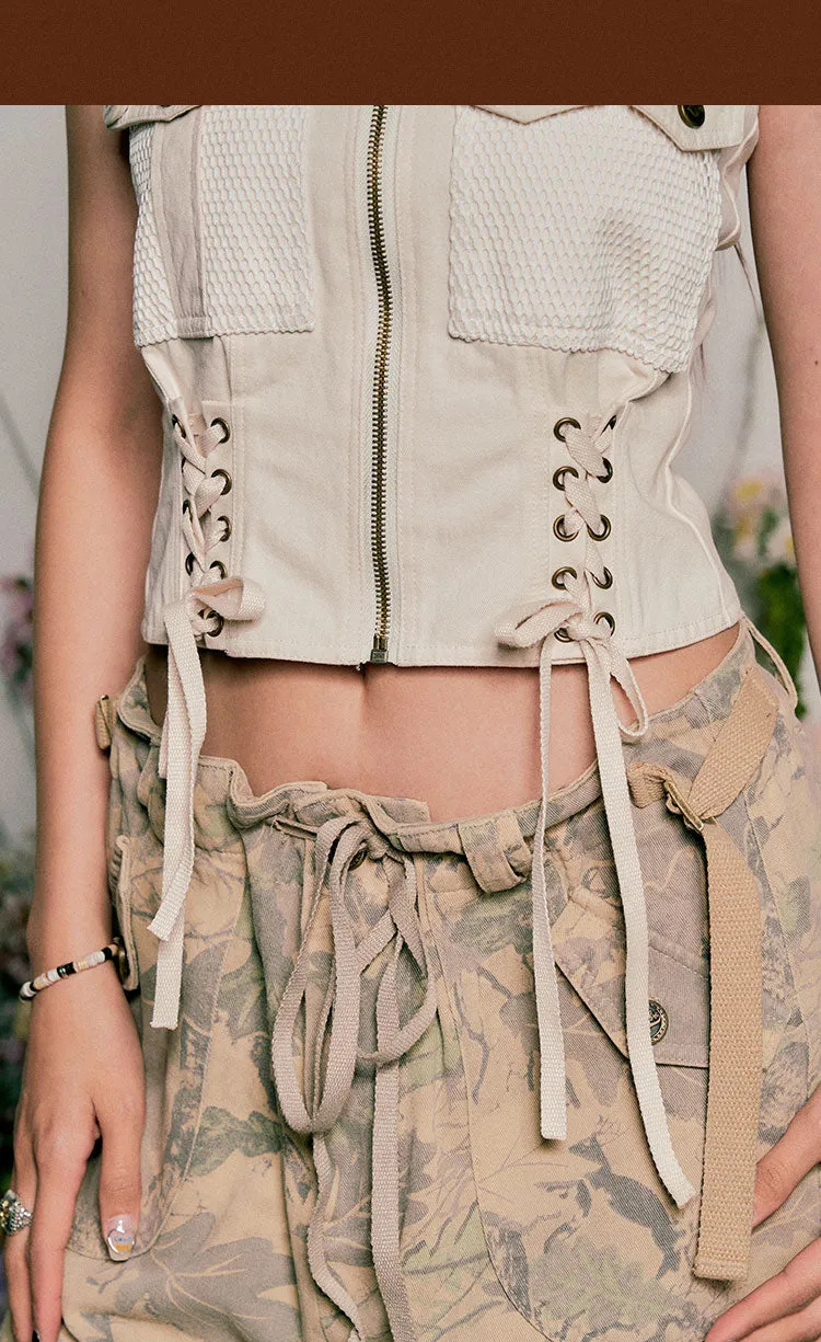 Stacey Solid Color Multi-Pocket Strap Cargo Style Bandeau Lace Up Top