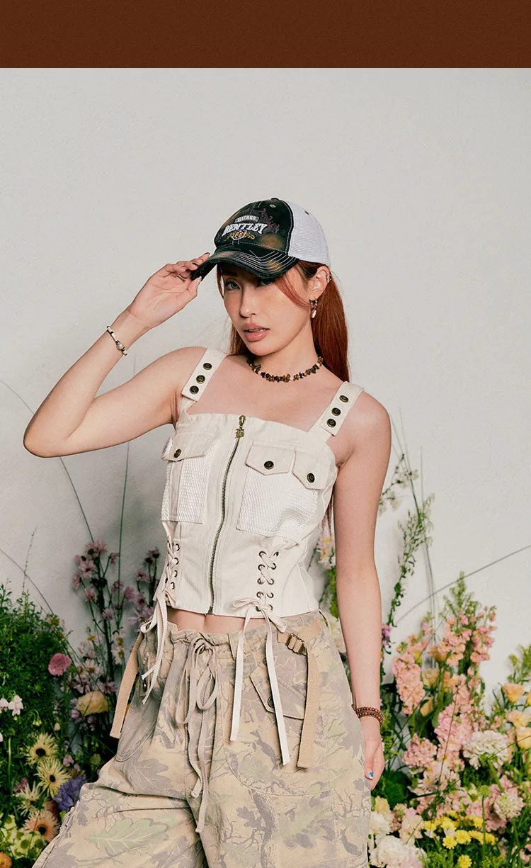Stacey Solid Color Multi-Pocket Strap Cargo Style Bandeau Lace Up Top