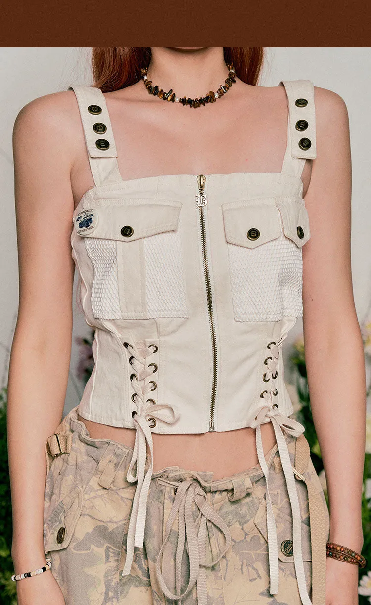 Stacey Solid Color Multi-Pocket Strap Cargo Style Bandeau Lace Up Top