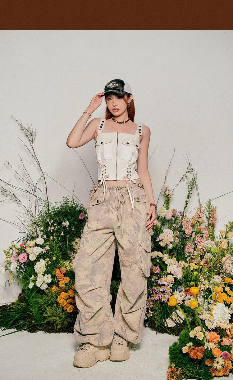 Stacey Solid Color Multi-Pocket Strap Cargo Style Bandeau Lace Up Top