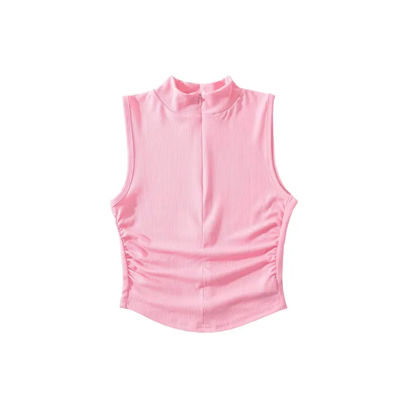 Stacia Solid Color Sleeveless Turtleneck Slim Zip-Up Ribbed Cropped Top