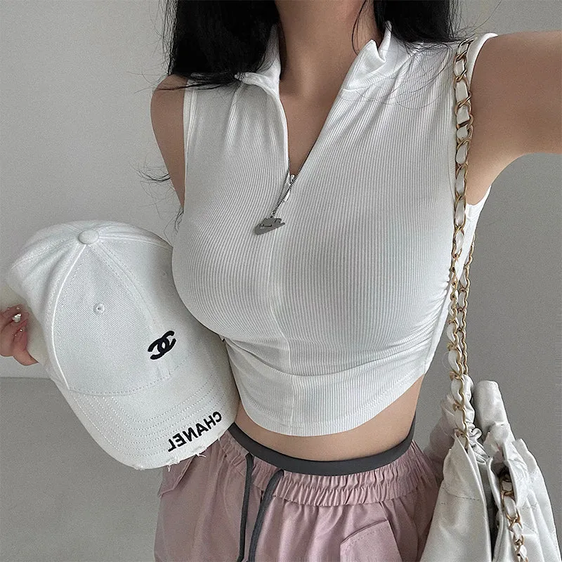 Stacia Solid Color Sleeveless Turtleneck Slim Zip-Up Ribbed Cropped Top