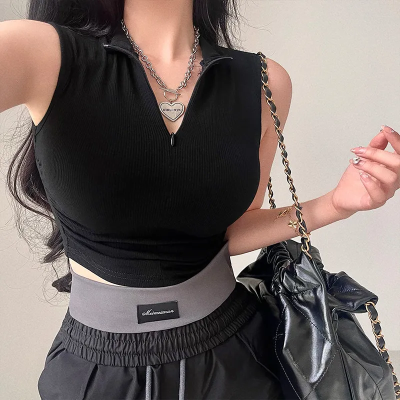 Stacia Solid Color Sleeveless Turtleneck Slim Zip-Up Ribbed Cropped Top