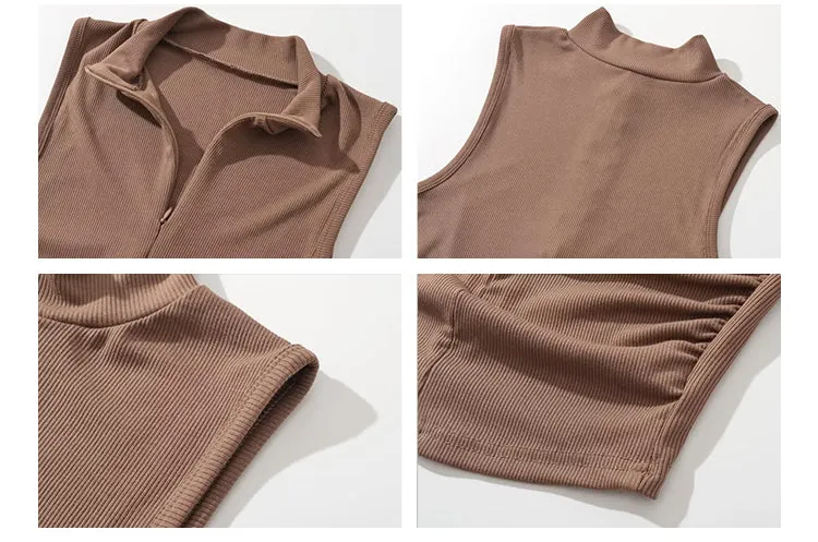 Stacia Solid Color Sleeveless Turtleneck Slim Zip-Up Ribbed Cropped Top