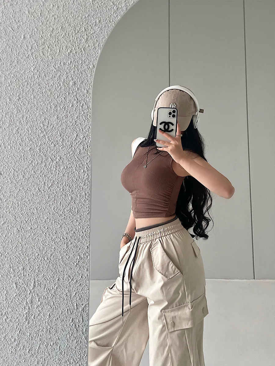 Stacia Solid Color Sleeveless Turtleneck Slim Zip-Up Ribbed Cropped Top