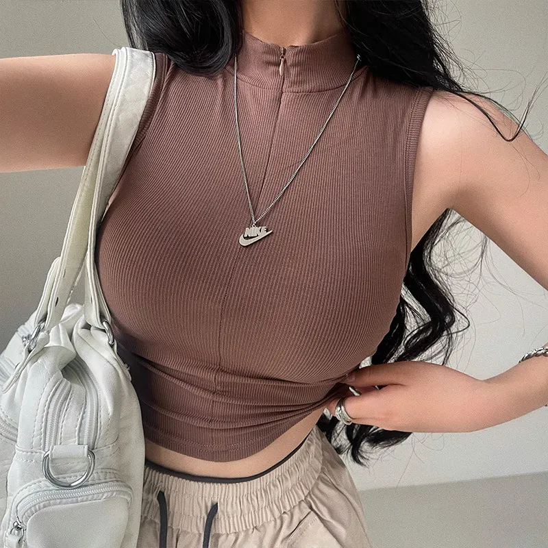 Stacia Solid Color Sleeveless Turtleneck Slim Zip-Up Ribbed Cropped Top