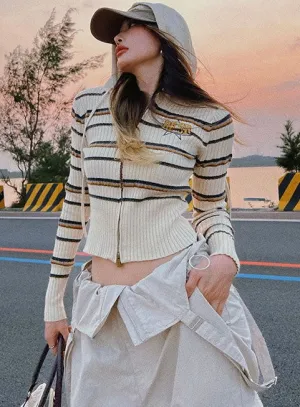 Star BEER Stripe Ribbed Hooded Zip Up Long Sleeve Cropped Sweater Top