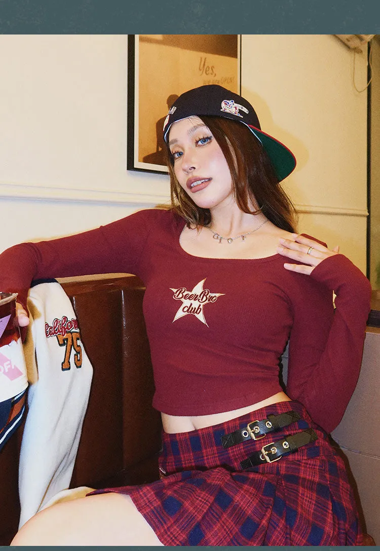 Star Beerbro club Square Neck Solid Color Long Sleeve Slim Top