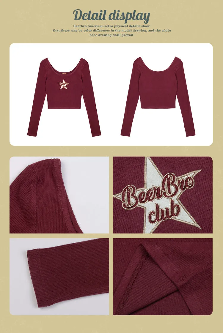 Star Beerbro club Square Neck Solid Color Long Sleeve Slim Top
