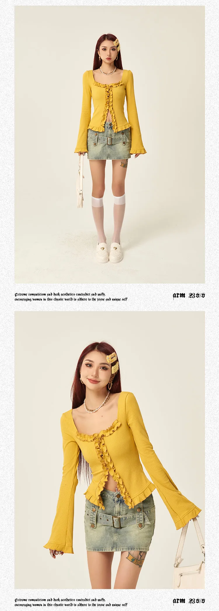 Stella Solid Color Ruched Collar Front Slit Long Sleeve Top