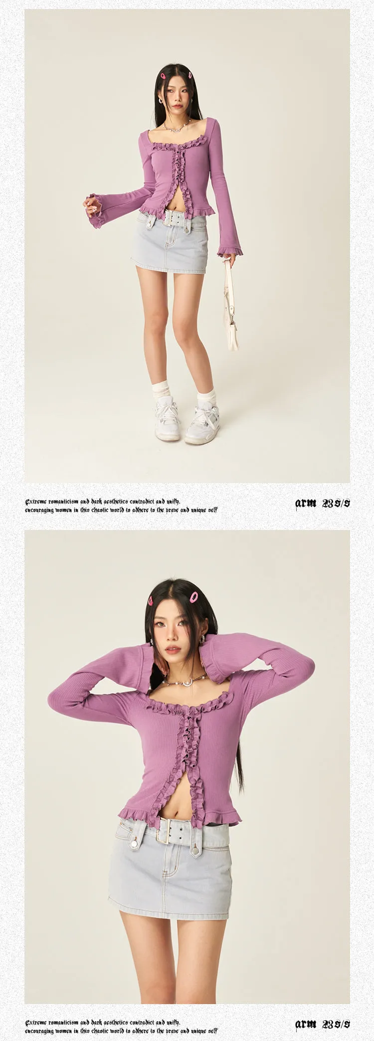 Stella Solid Color Ruched Collar Front Slit Long Sleeve Top