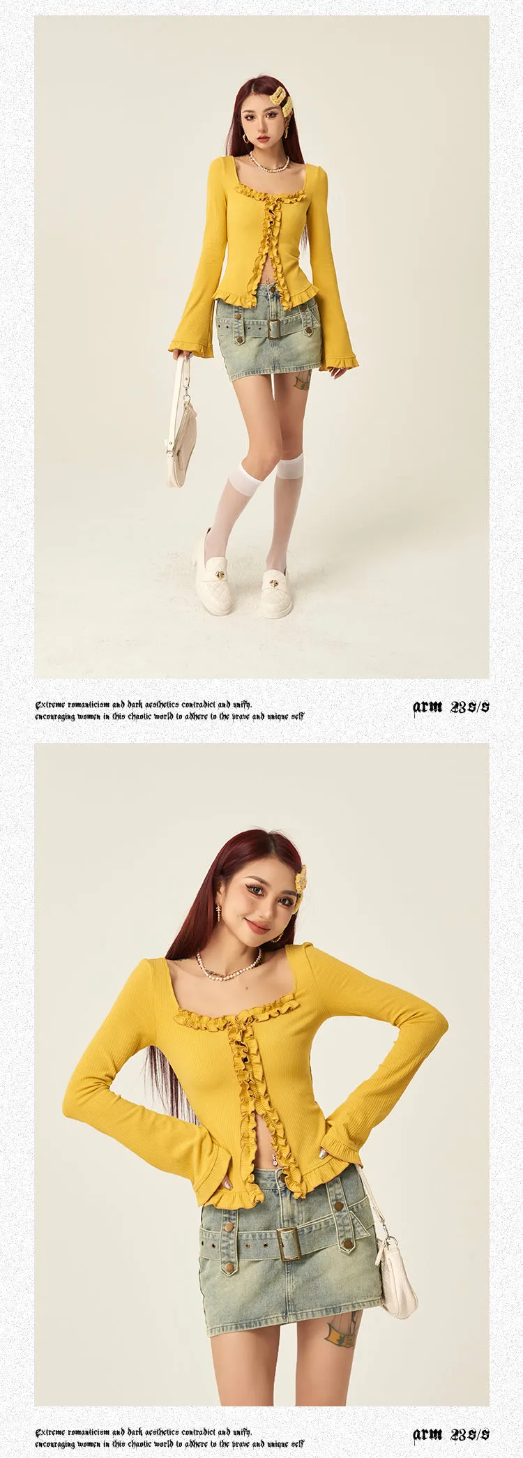 Stella Solid Color Ruched Collar Front Slit Long Sleeve Top