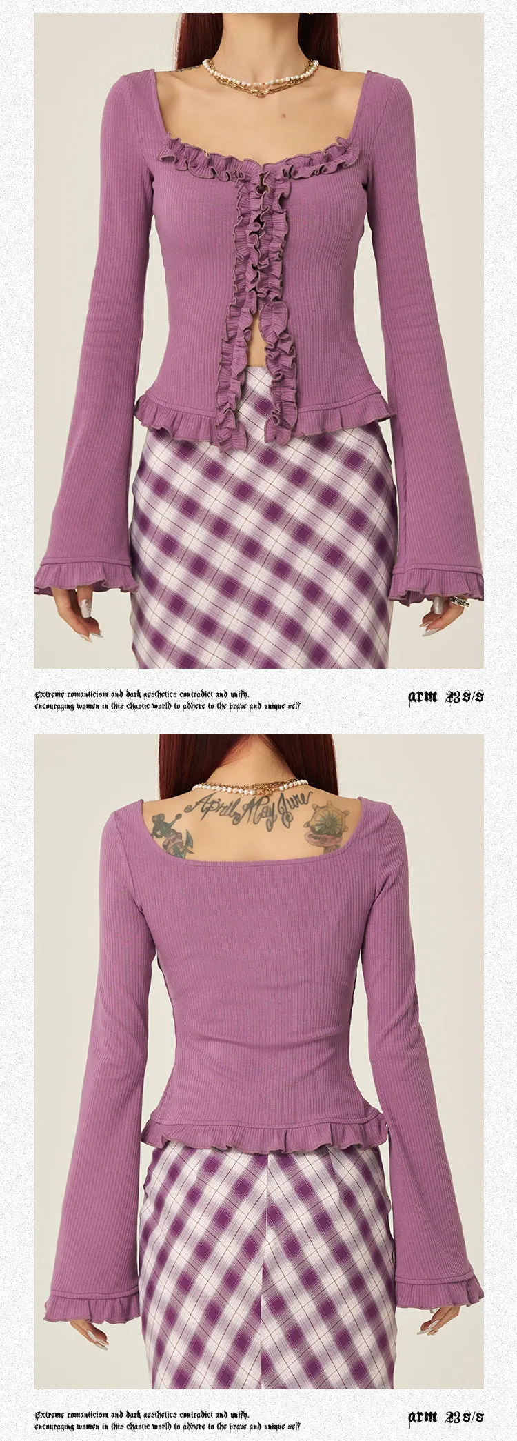 Stella Solid Color Ruched Collar Front Slit Long Sleeve Top