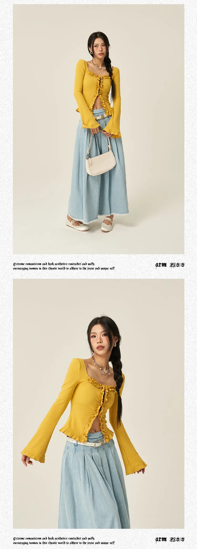 Stella Solid Color Ruched Collar Front Slit Long Sleeve Top
