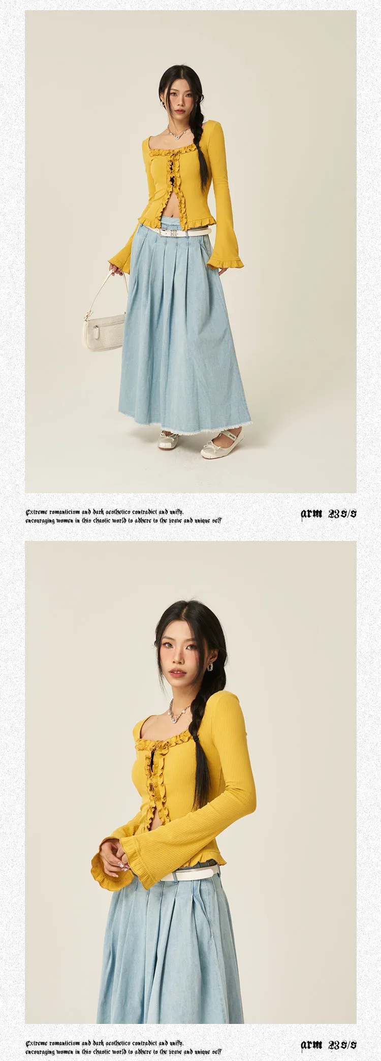 Stella Solid Color Ruched Collar Front Slit Long Sleeve Top