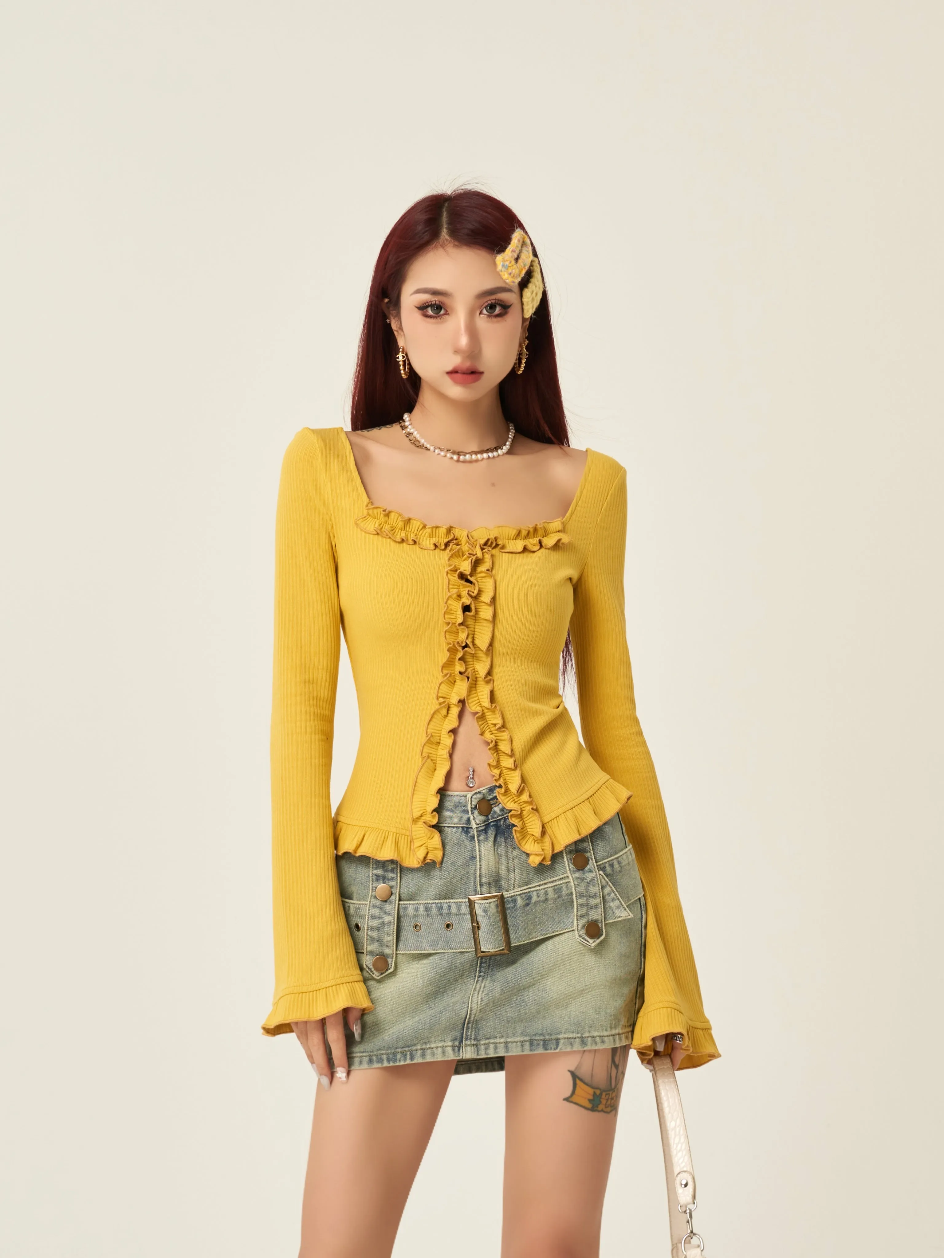 Stella Solid Color Ruched Collar Front Slit Long Sleeve Top