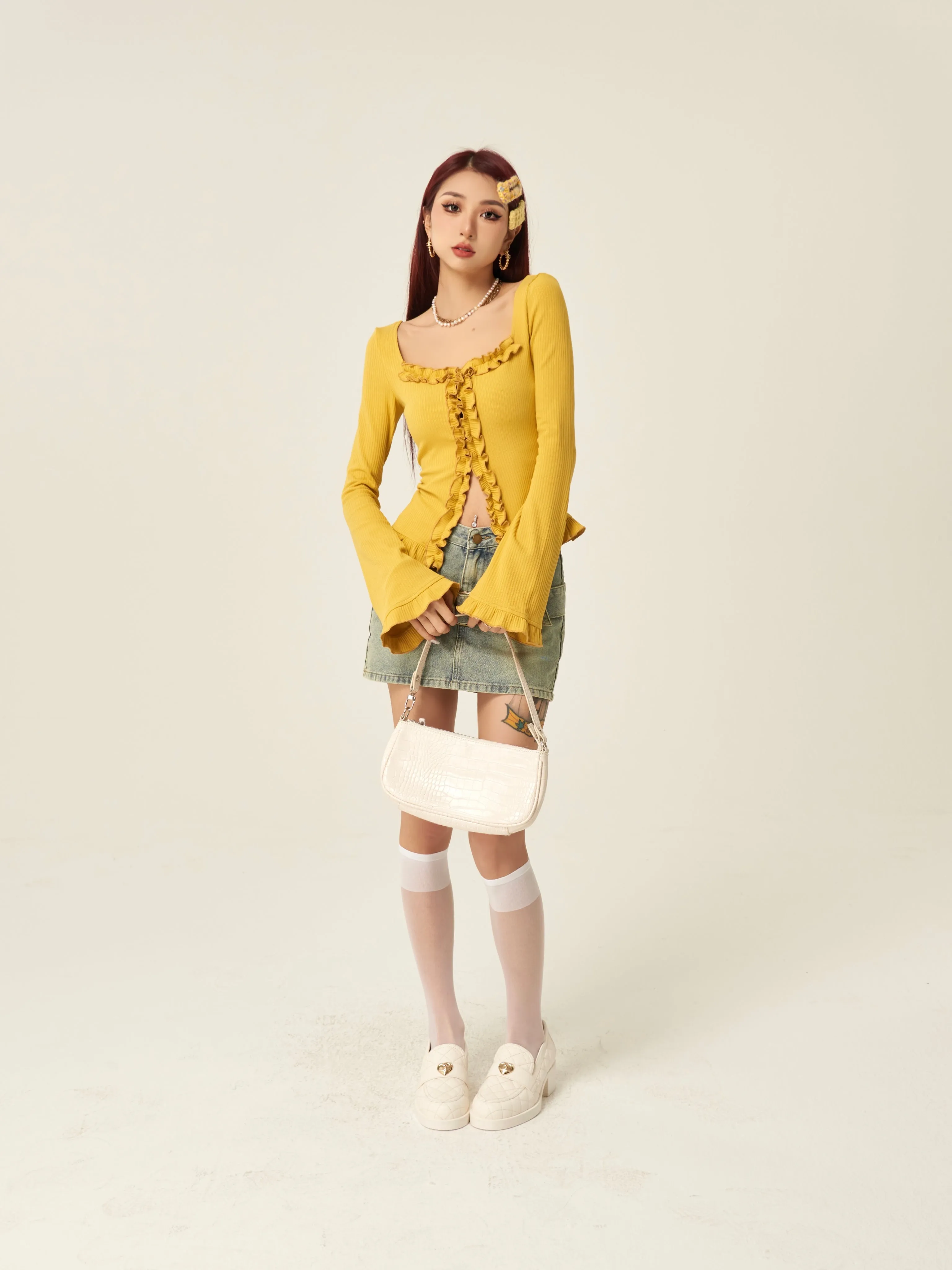 Stella Solid Color Ruched Collar Front Slit Long Sleeve Top