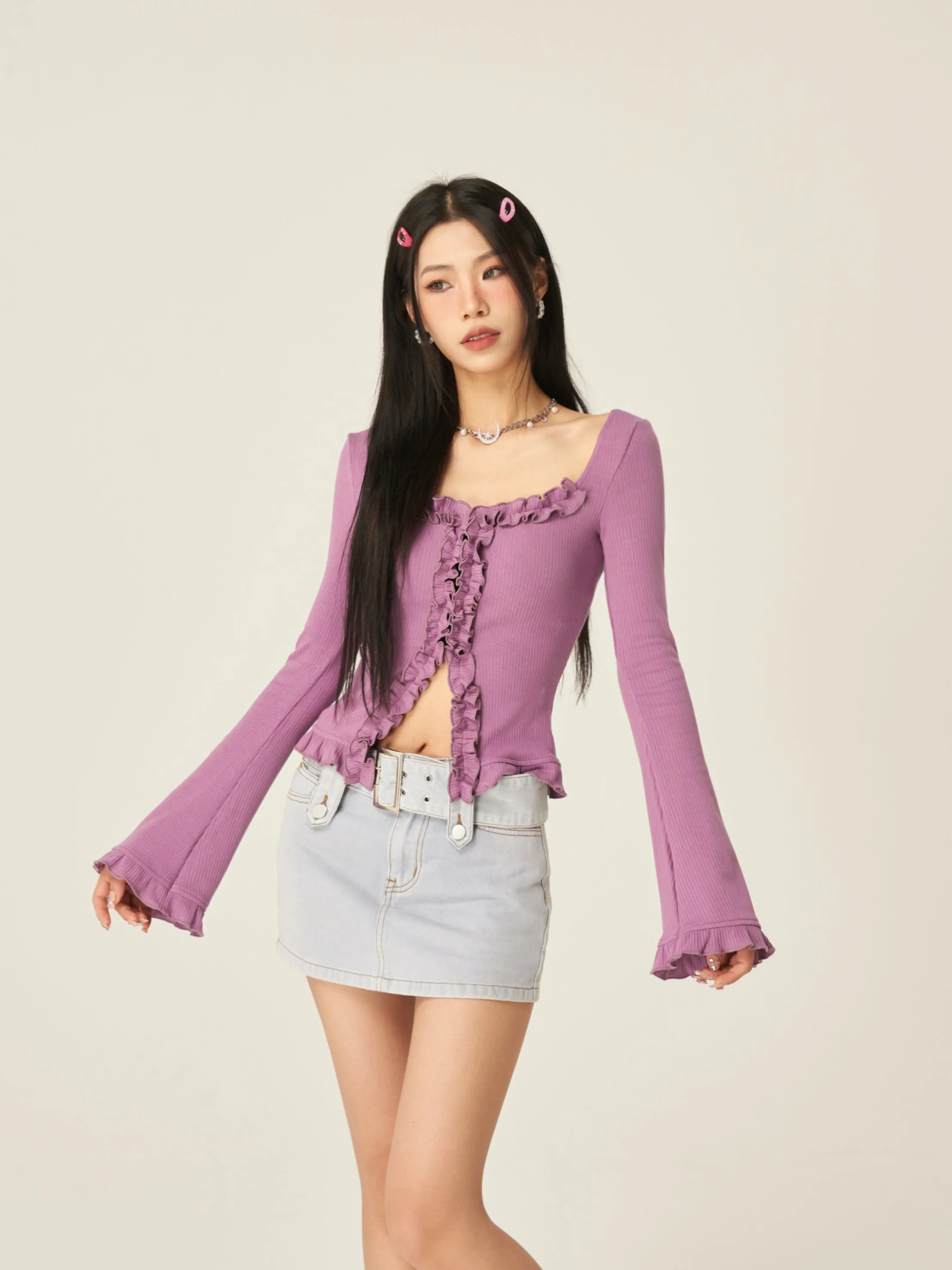 Stella Solid Color Ruched Collar Front Slit Long Sleeve Top