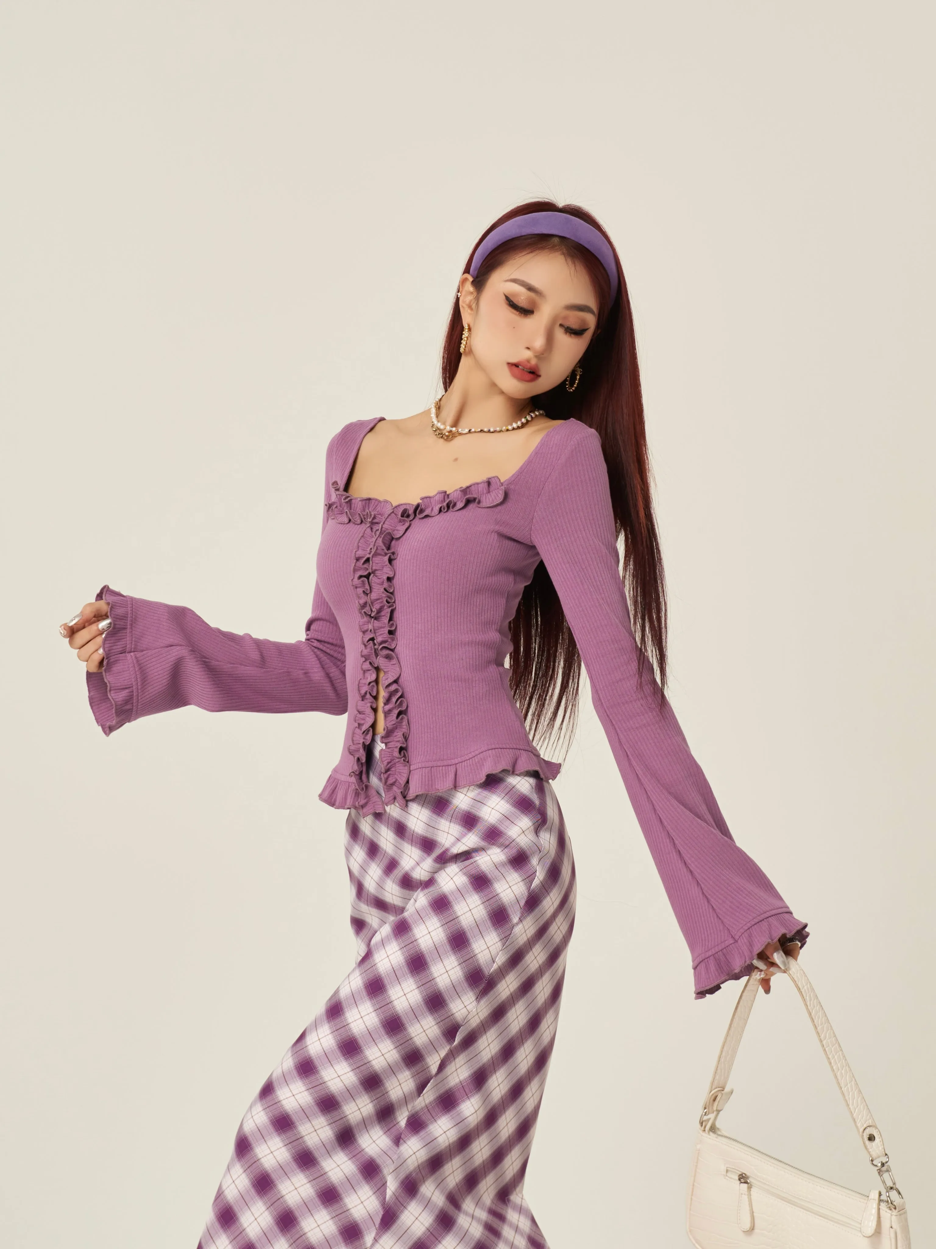 Stella Solid Color Ruched Collar Front Slit Long Sleeve Top