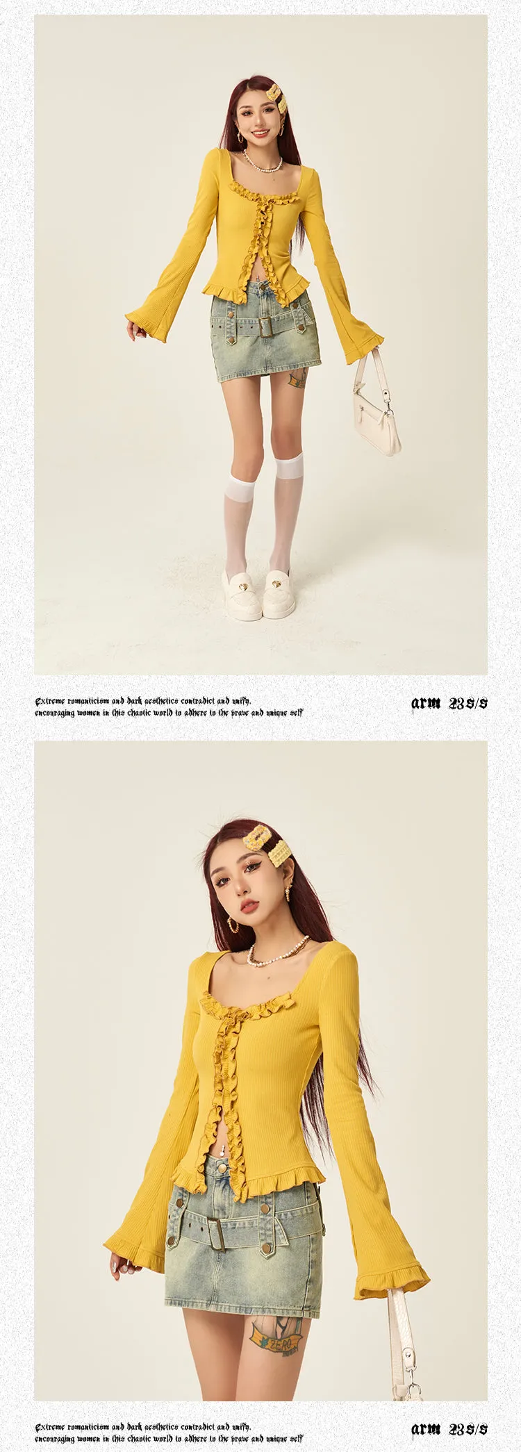 Stella Solid Color Ruched Collar Front Slit Long Sleeve Top