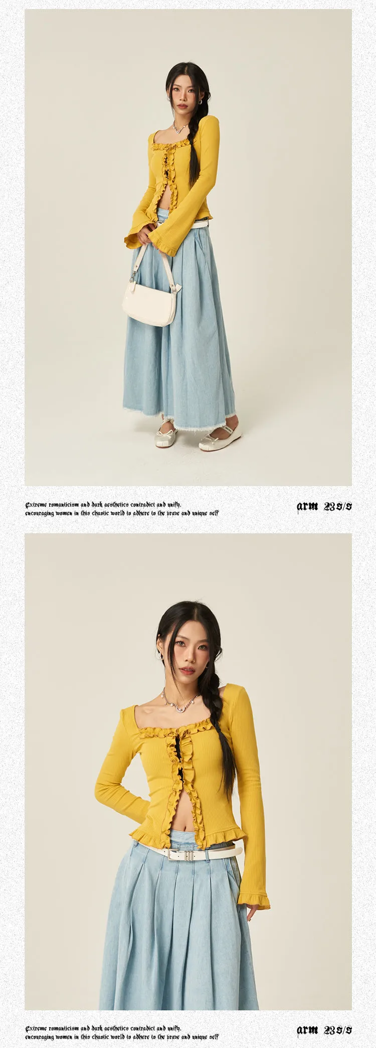 Stella Solid Color Ruched Collar Front Slit Long Sleeve Top