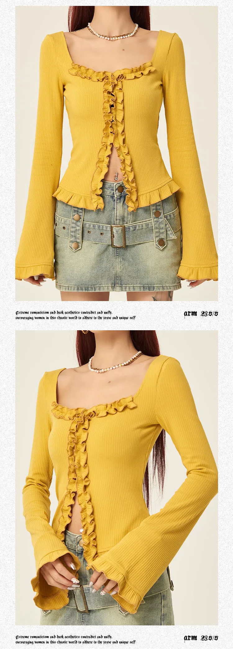 Stella Solid Color Ruched Collar Front Slit Long Sleeve Top