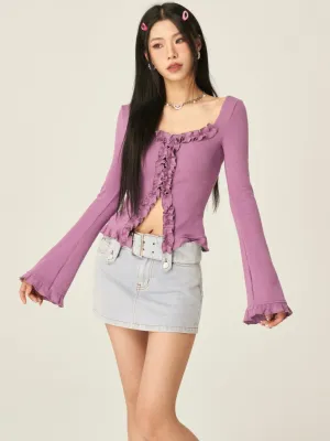 Stella Solid Color Ruched Collar Front Slit Long Sleeve Top