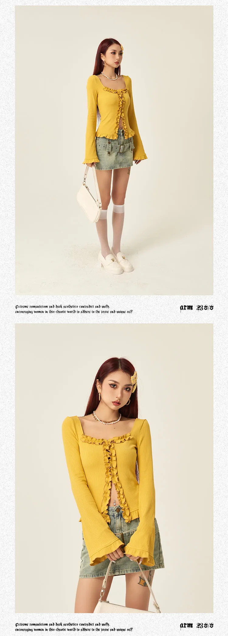 Stella Solid Color Ruched Collar Front Slit Long Sleeve Top